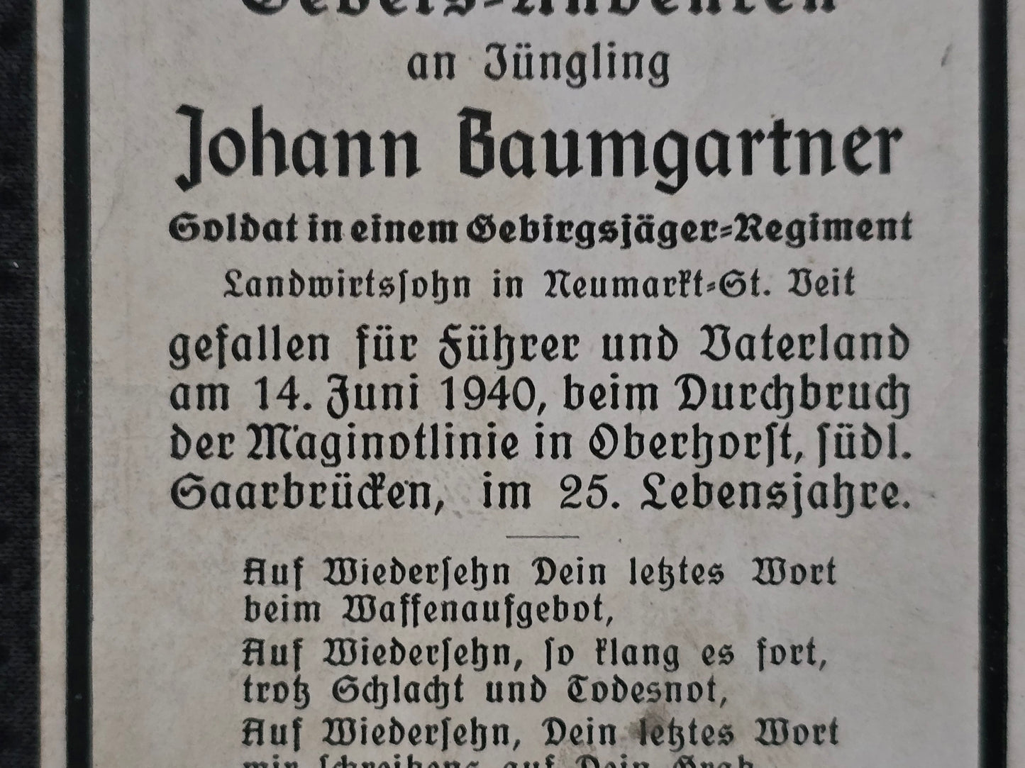 Sterbebild Schütze Neumarkt 10. Inf. Regt. 449 Maginotlinie Oberhost Niederbronn-les-Bains Frankreich