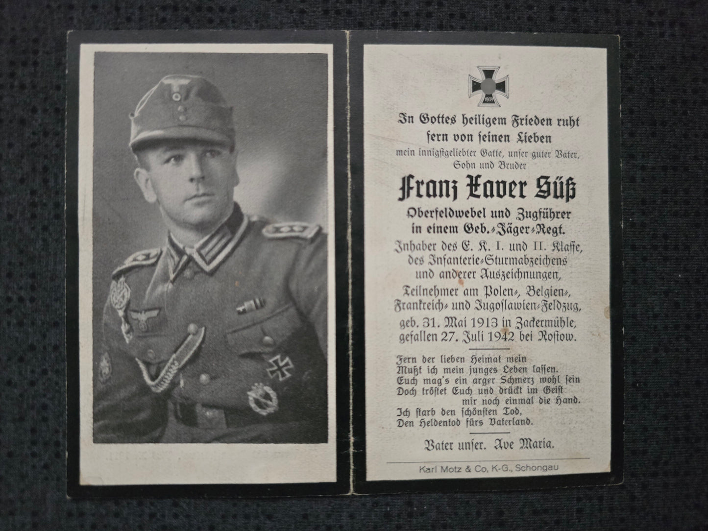 Sterbebild Oberfeldwebel & Zugführer Zackermühle 12. Komp. Geb. Jäger Regt. 91 EK I&II Rostow Russland