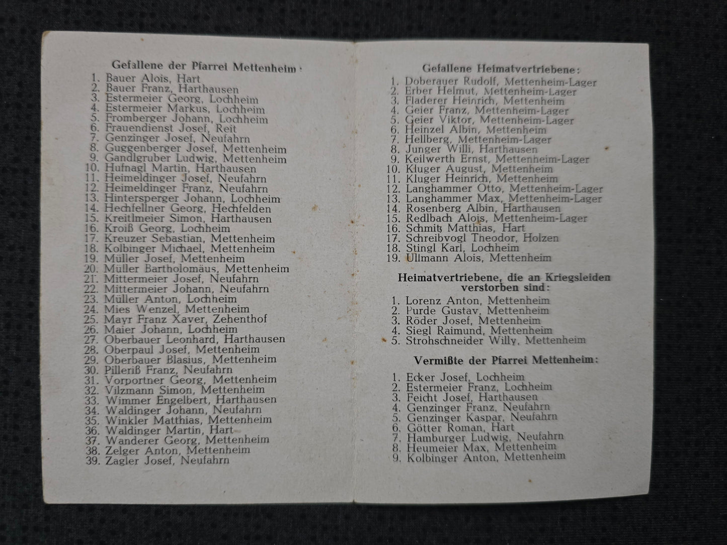 Sterbekarte Gedenkkarte Kriegsopfer der Gemeinde Mettenheim 1939-1945 Gefallene, Heimatvertriebene , Vermißte