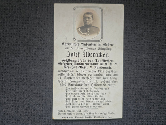 Sterbebild Gefreiter Taufkirchen 2. Komp. KB Res. Inf. Regt. 2 Echtfoto Einville Gerbéviller Frankreich
