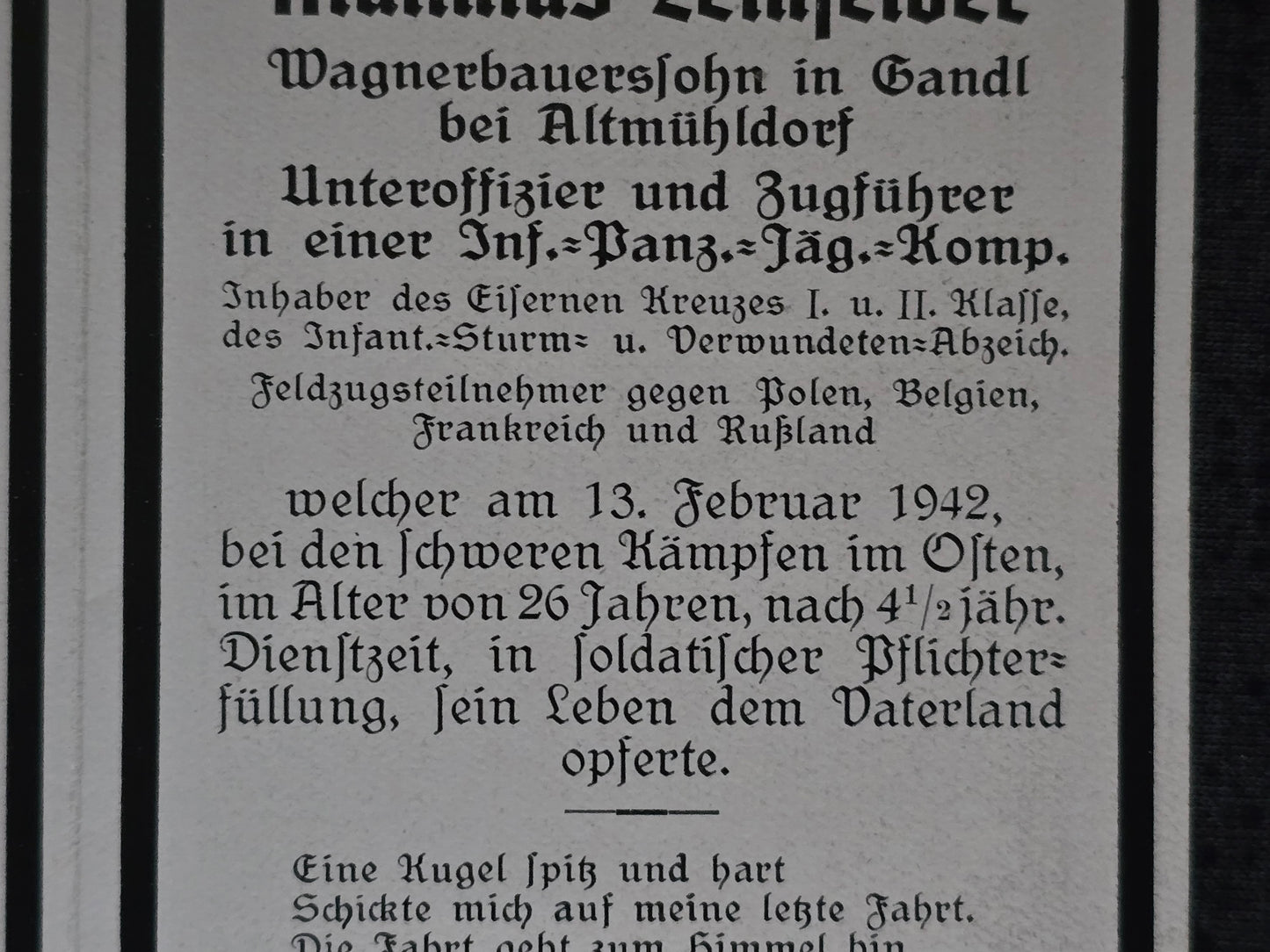 Sterbebild Unteroffizier Altmühldorf Zugführer 3. Komp. Inf. Regt. 61 EK I & II Wassilki Russland