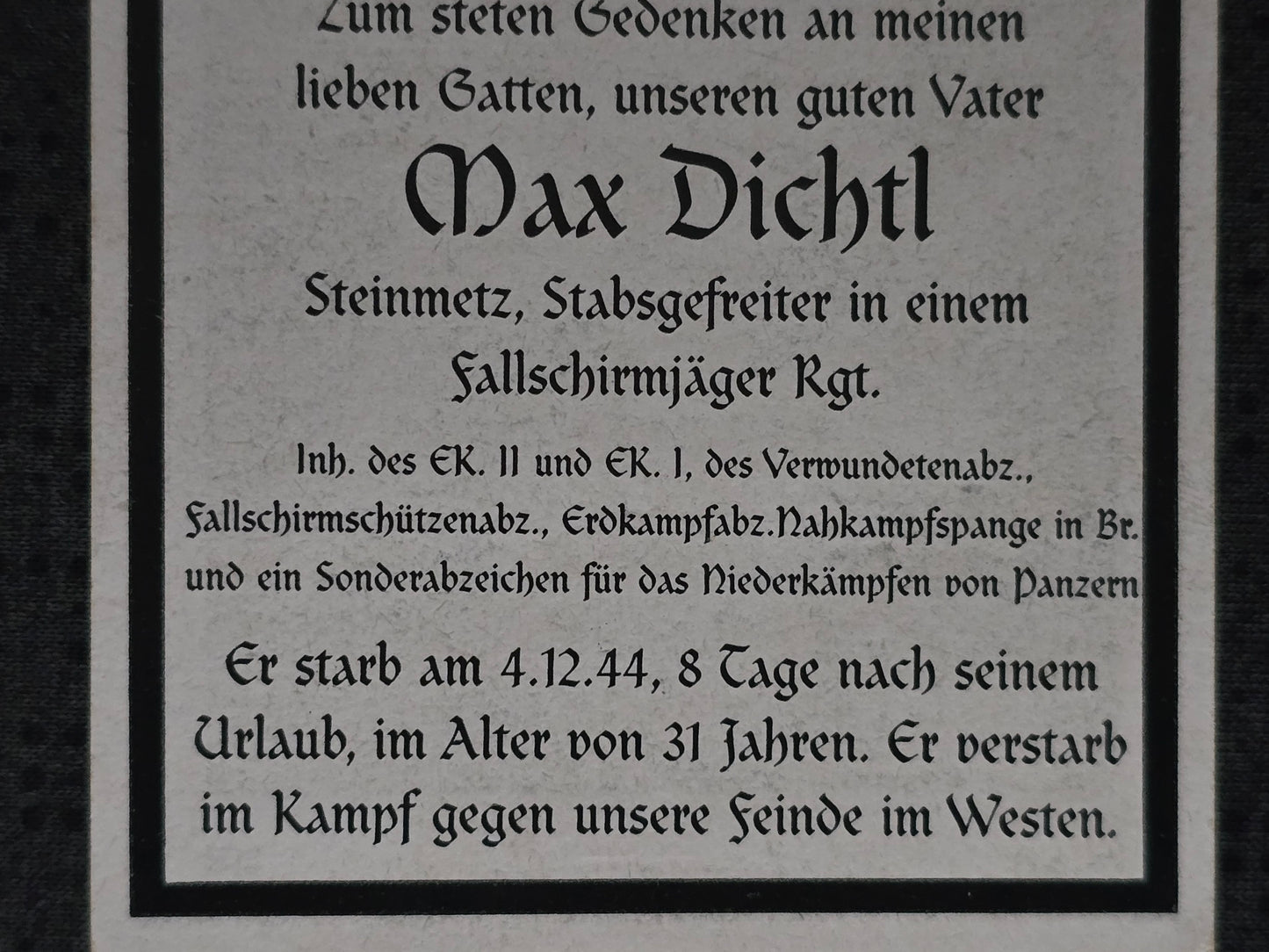 Sterbebild Stabsgefreiter Rötzing Fallschirmjäger Regt. EKI & II NKS Erdkampfabz. Fallschirmschützen Abz. Riolo Futa-Pass Italien