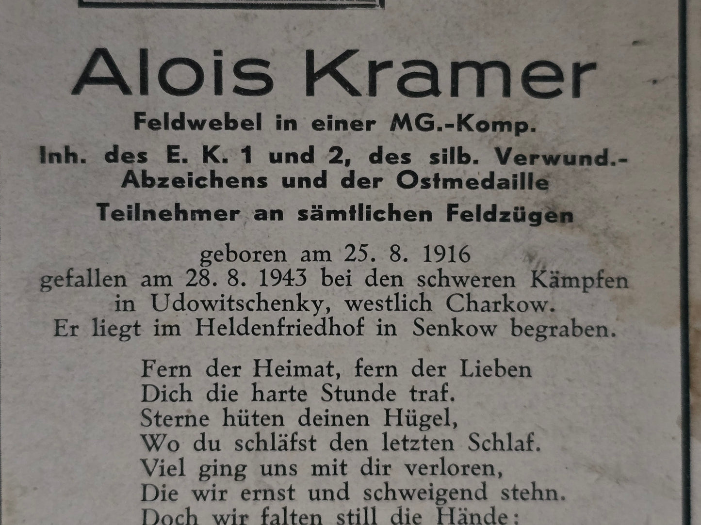 Sterbebild Feldwebel Landshut 8. Komp. Gren. Regt. (Mot.) 41 Udowitschenki Ukraine