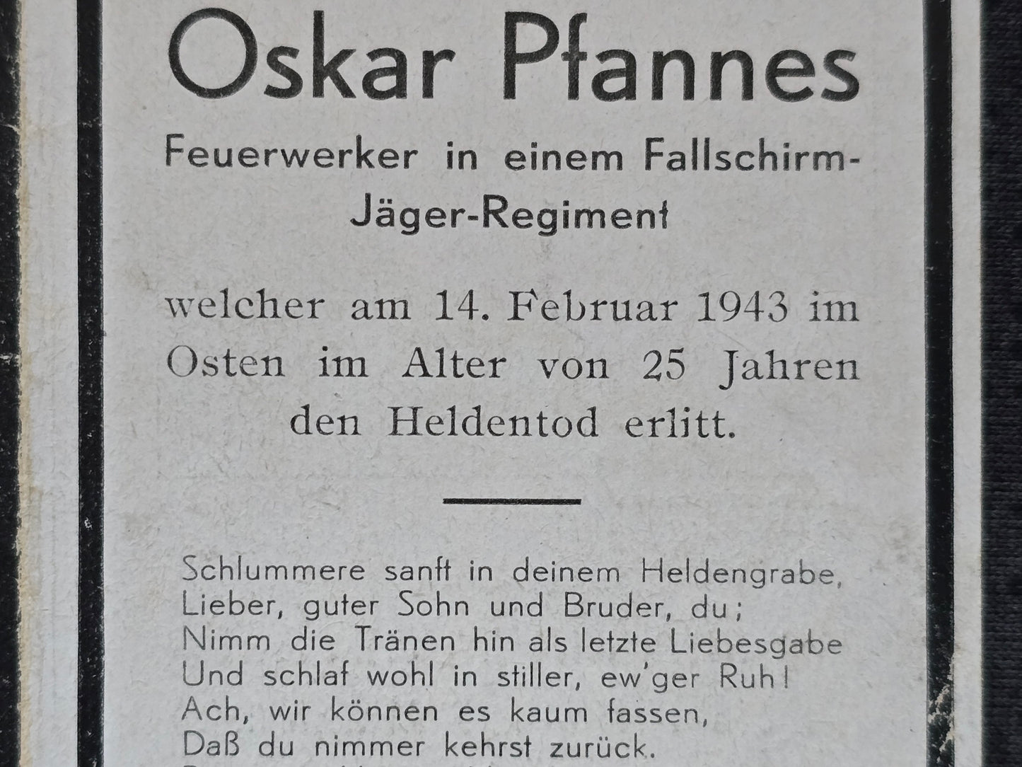 Sterbebild Unteroffizier Feuerwerker Großlangheim Stab I. Fallschirmjäger Regt. 4 Sachody Russland