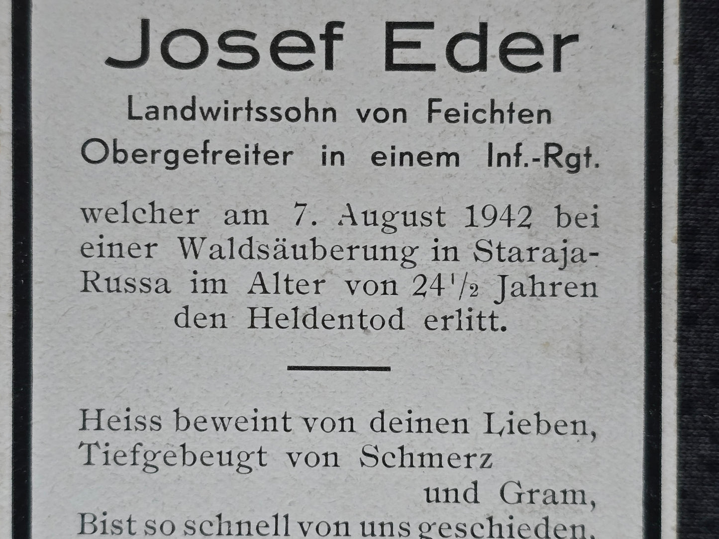 Sterbebild Obergefreiter Feichten 7. Komp. Jäger Regt. 56 Waldsäuberung Staraja-Russa Russland