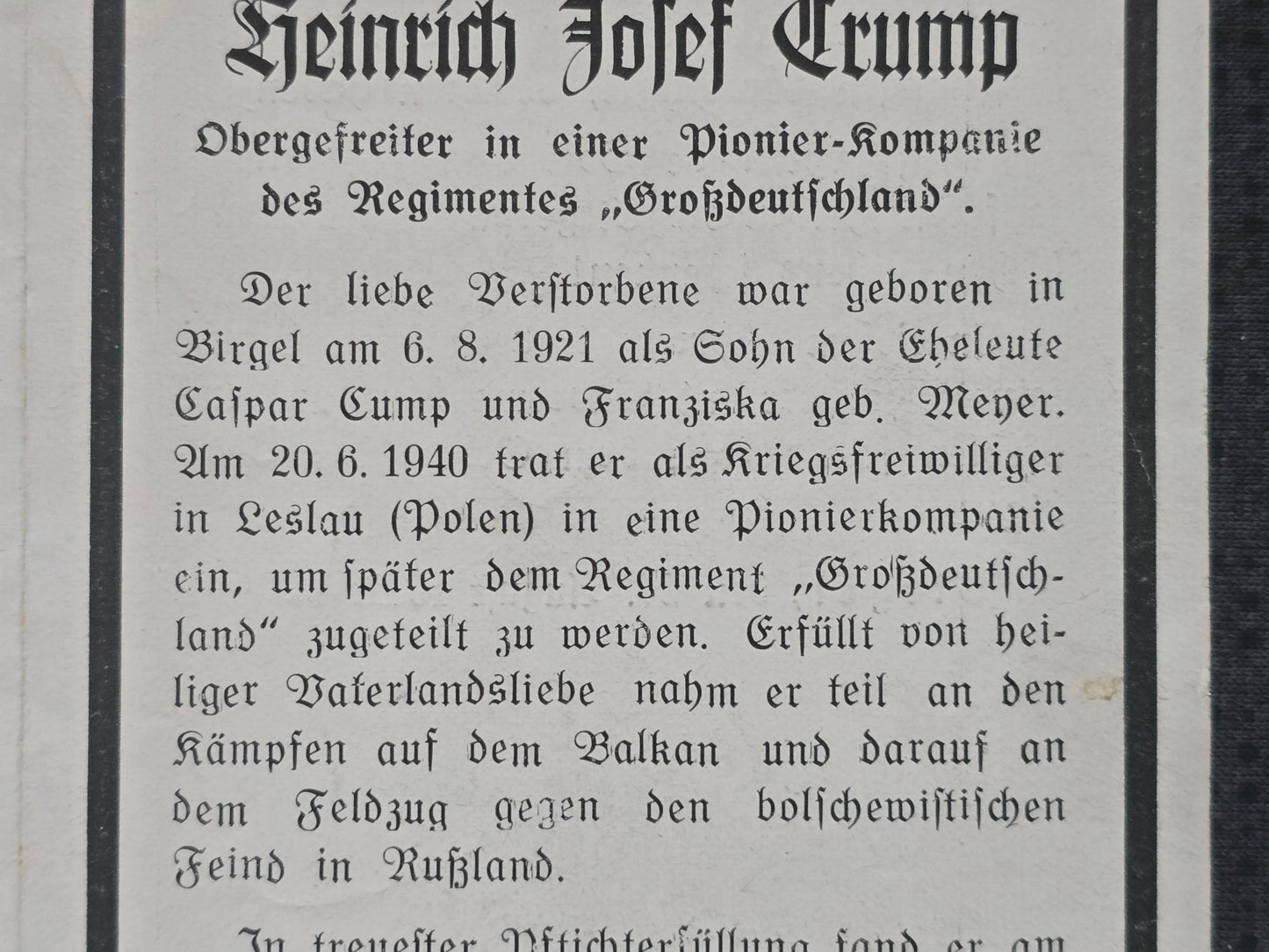 Sterbebild Obergefreiter Birgel 15. Komp. Pionier Inf. Regt. "Großdeutschland" GD Michailowsky Krasnodar Russland