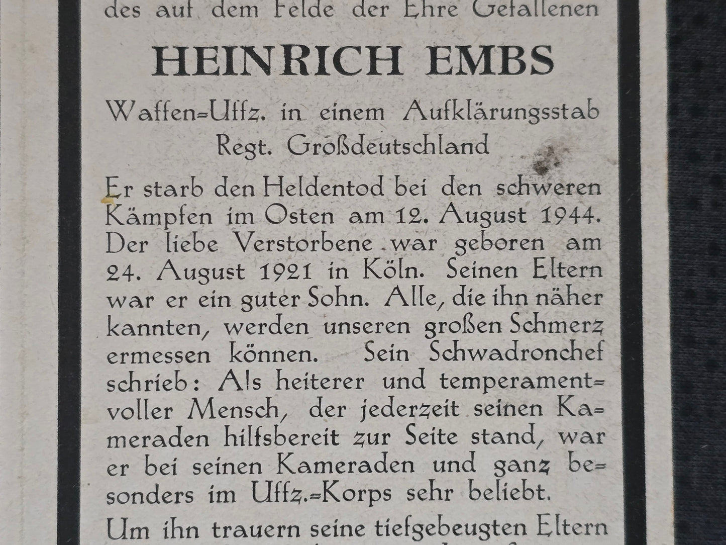 Sterbebild Waffen-Unteroffizier Köln Aufklärungsstab Regiment "Großdeutschland" GD Schaulen Tauroggen Litauen