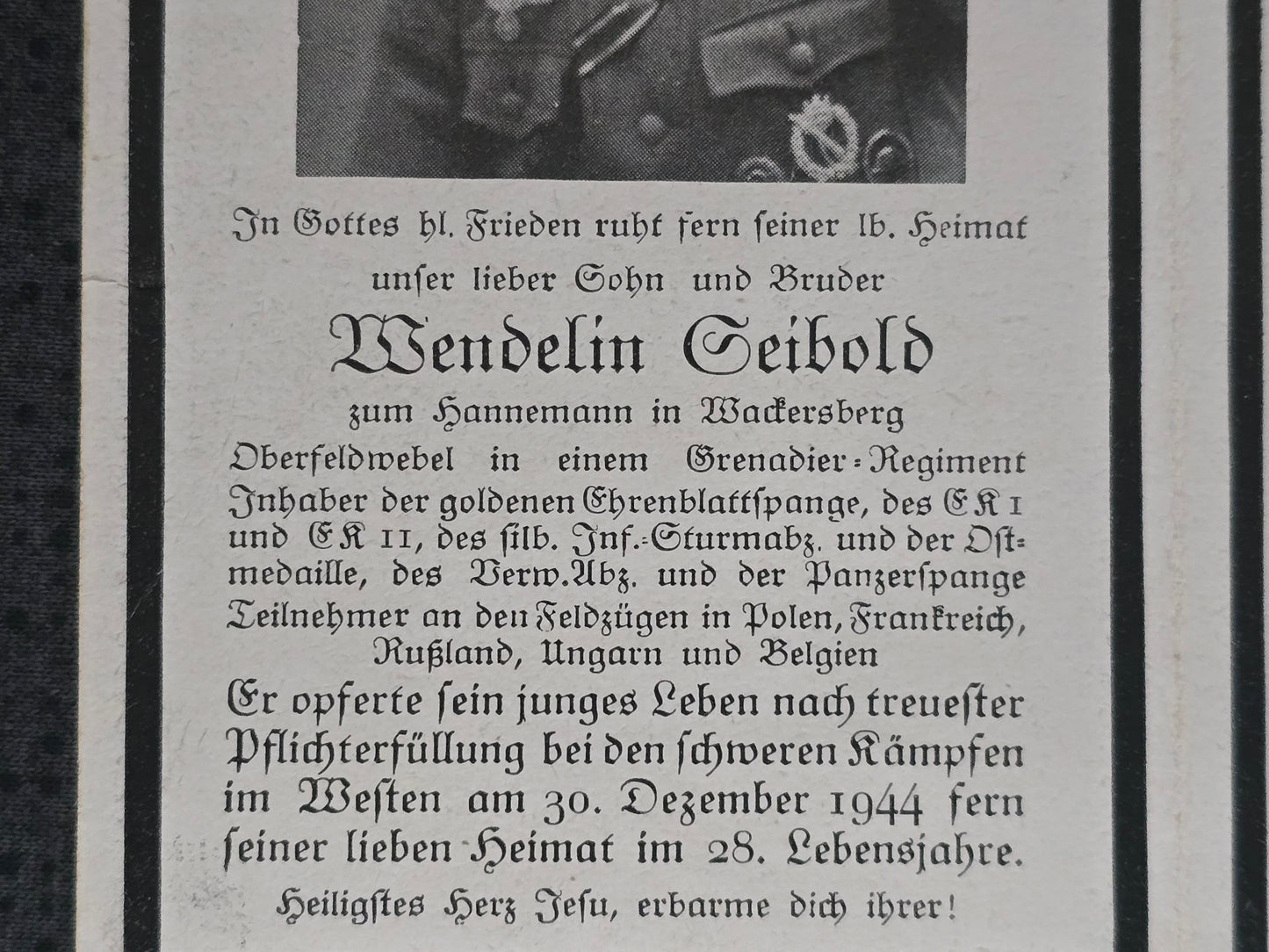 Sterbebild Brüder Wackersberg Oberfeldwebel Gren. Regt. EK I&II Ehrenblattspange Panzerspange Lutremange Tillet Bastogne Belgien Unteroffizier Artillerie Regt. Westwallorden Costermano Italien