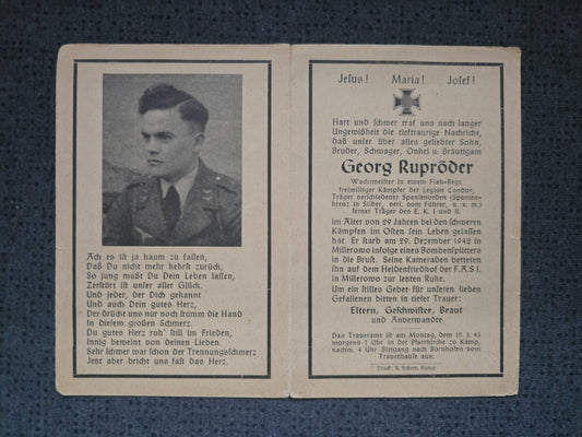 Sterbebild Wachtmeister Kamp 3. Flak Lehr-Abt. Freiwilliger Legion Condor Spanienkreuz "Verliehen vom Führer" Millerowo Russland