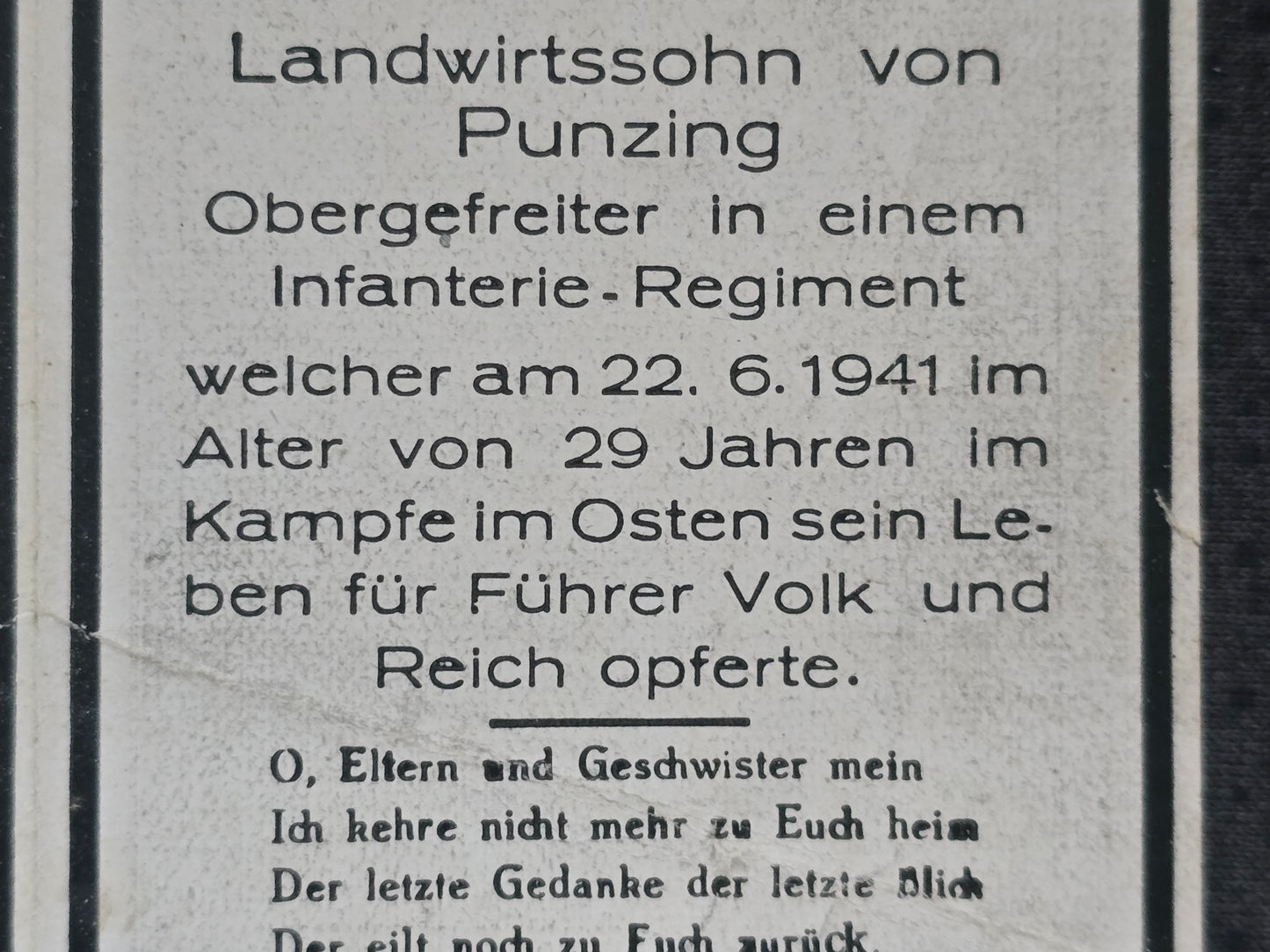 Sterbebild Obergefreiter Punzing 7. Komp. Inf. Regt. 524 Krystynojsol Ukraine