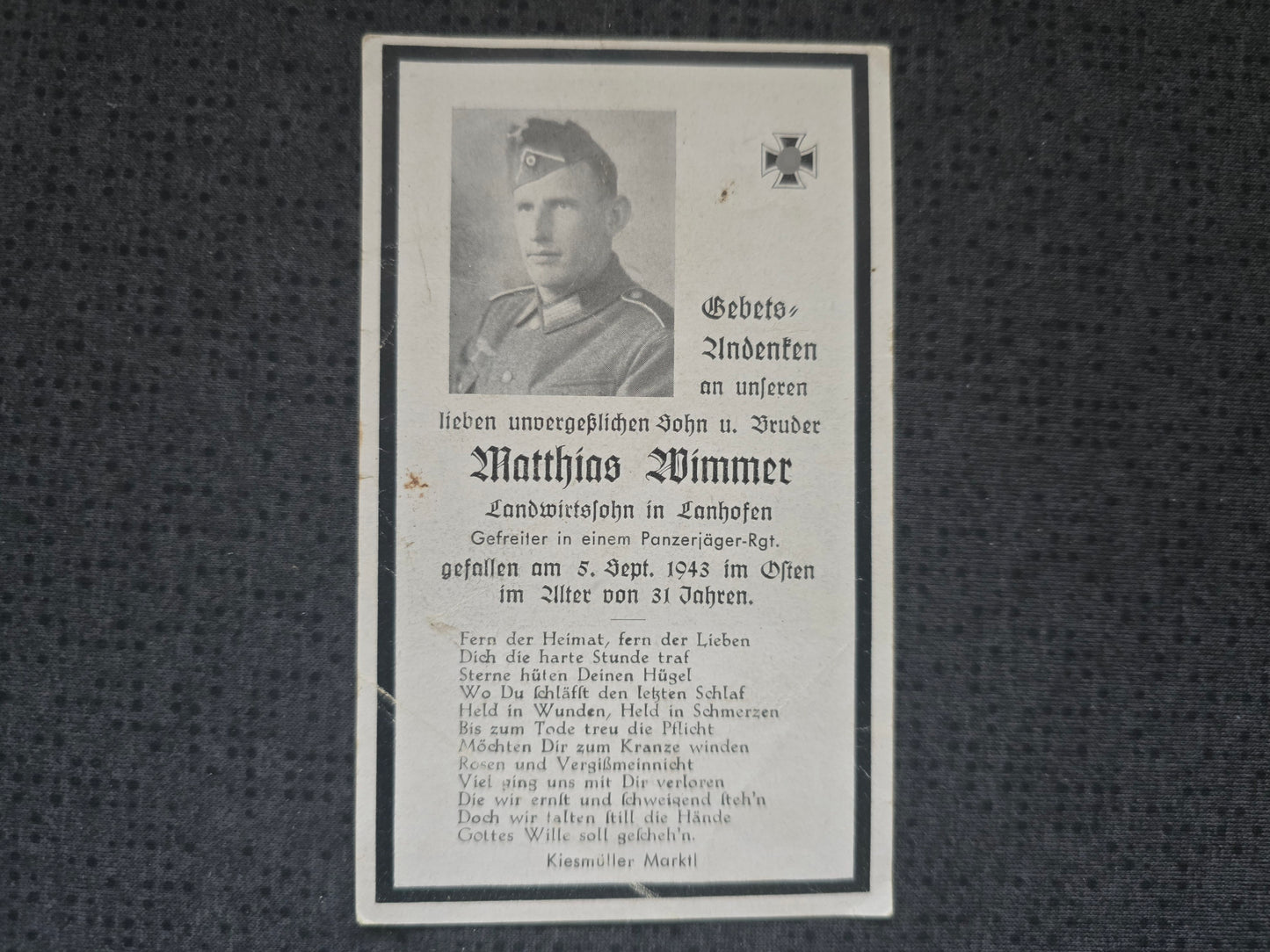 Sterbebild Gefreiter Lanhofen 4. Komp. Panzer Gren. Regt. 66 Kanikowo Russland