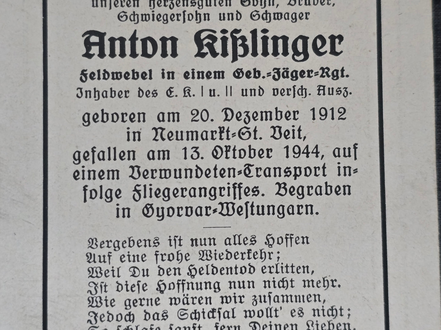 Sterbebild Feldwebel Neumarkt Gebirgsjäger Regt. Fliegerangriff Györvár Szombathely Ungarn