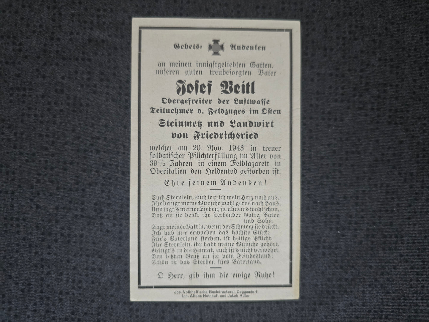 Sterbebild Obergefreiter Friedrichsried Luftwaffe Italien