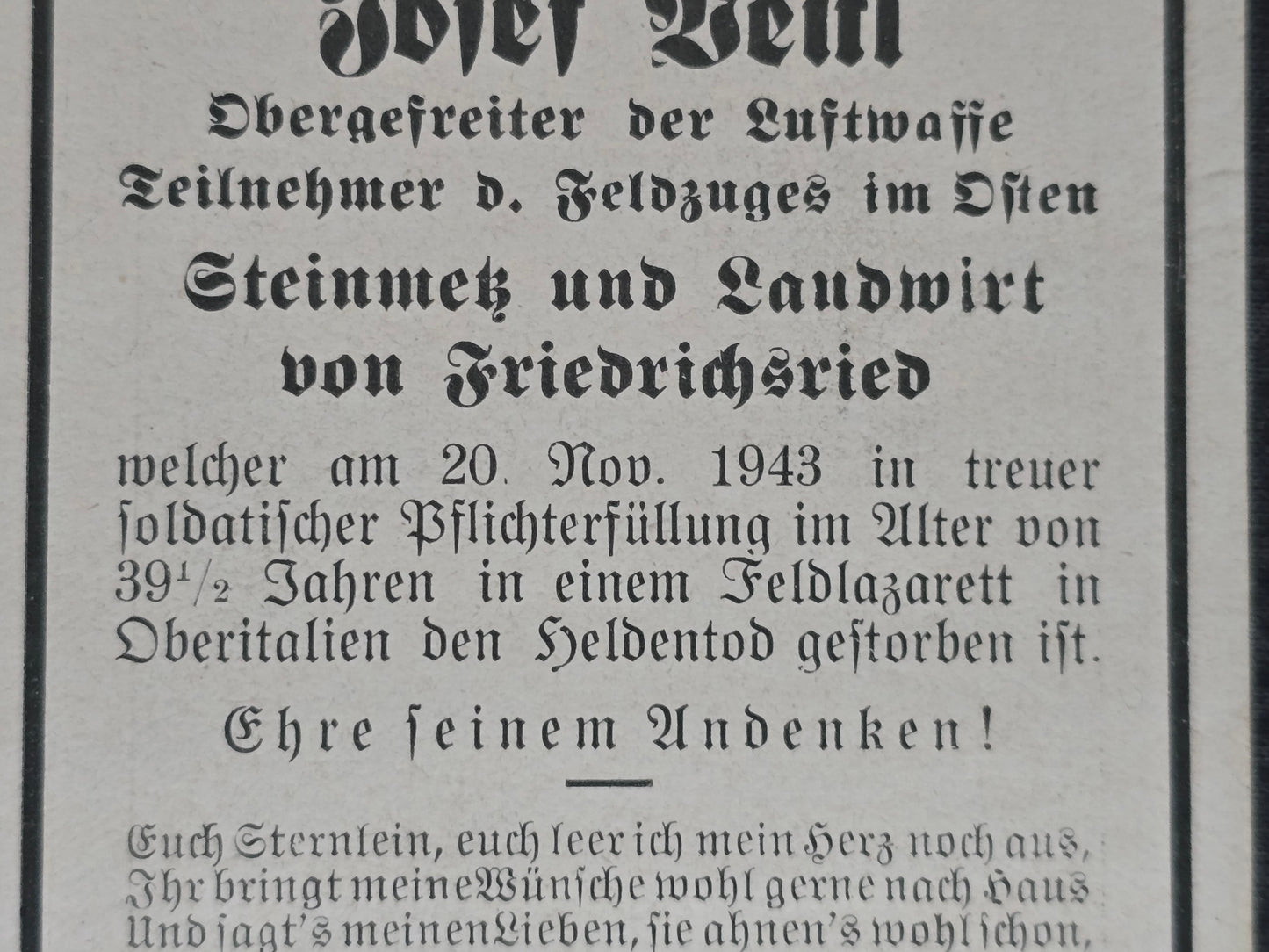 Sterbebild Obergefreiter Friedrichsried Luftwaffe Italien