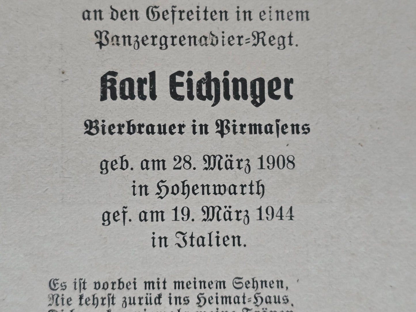 Sterbebild Gefreiter Hohenwarth Panzergrenadier Regt. Pomezia Italien