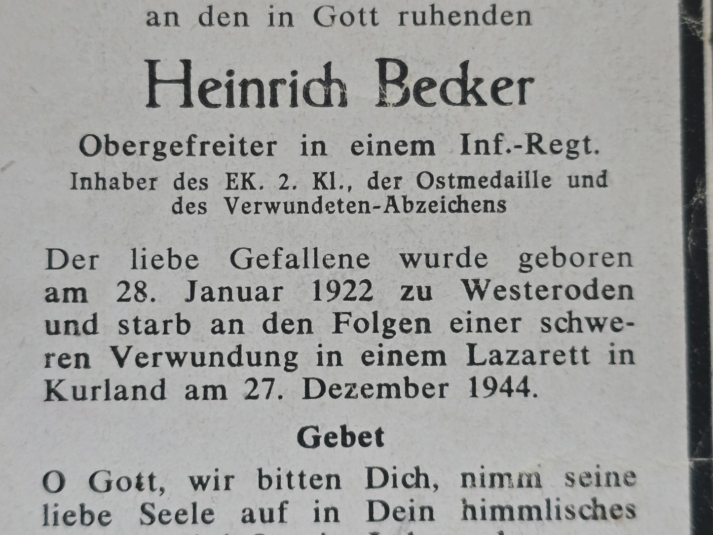 Sterbebild Obergefreiter Westeroden Infanterie Regt. EK II Laidi Kurland Lettland