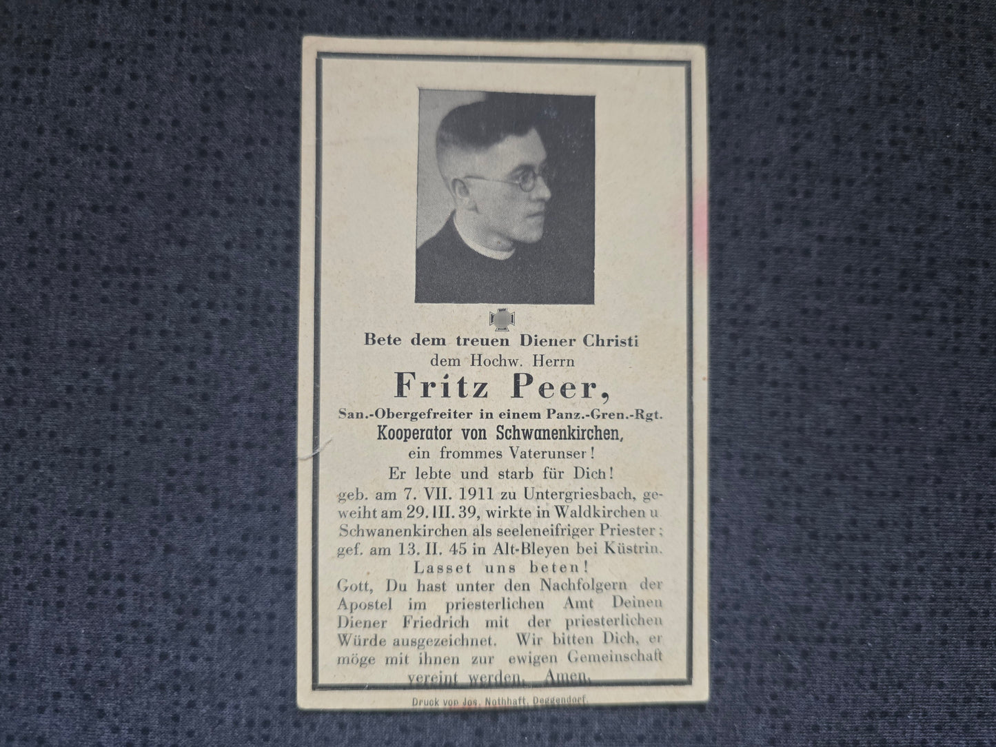 Sterbebild Sanitäts-Obergefreiter Priester Untergriesbach Panzer-Grenadier Regt. Endkampf Alt-Bleyen Küstrin Seelower Höhen