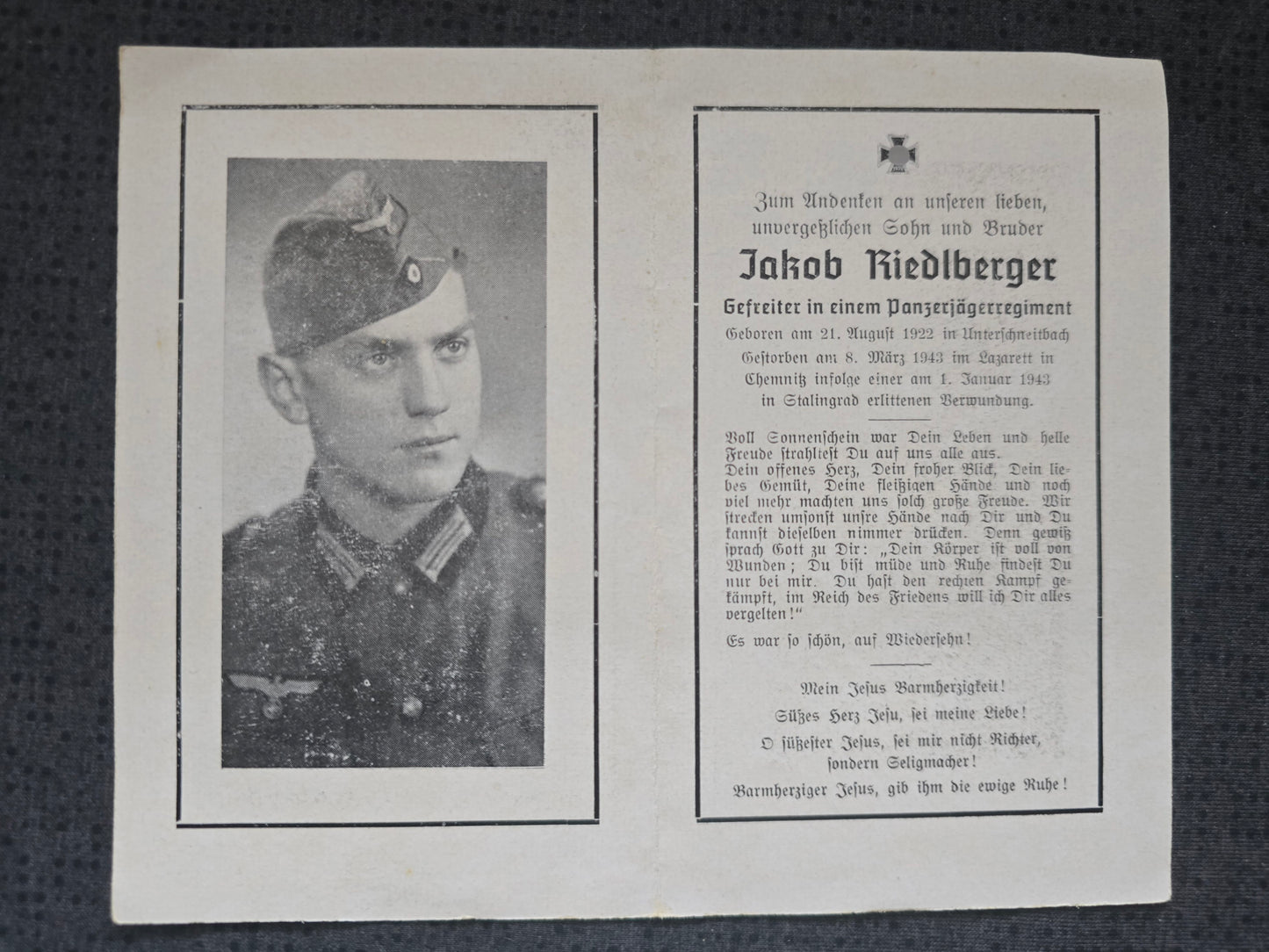 Sterbebild Gefreiter Unterschneitbach 1. Panzer-Jäger Abt. 61 Stalingrad Chemnitz II Deutschland