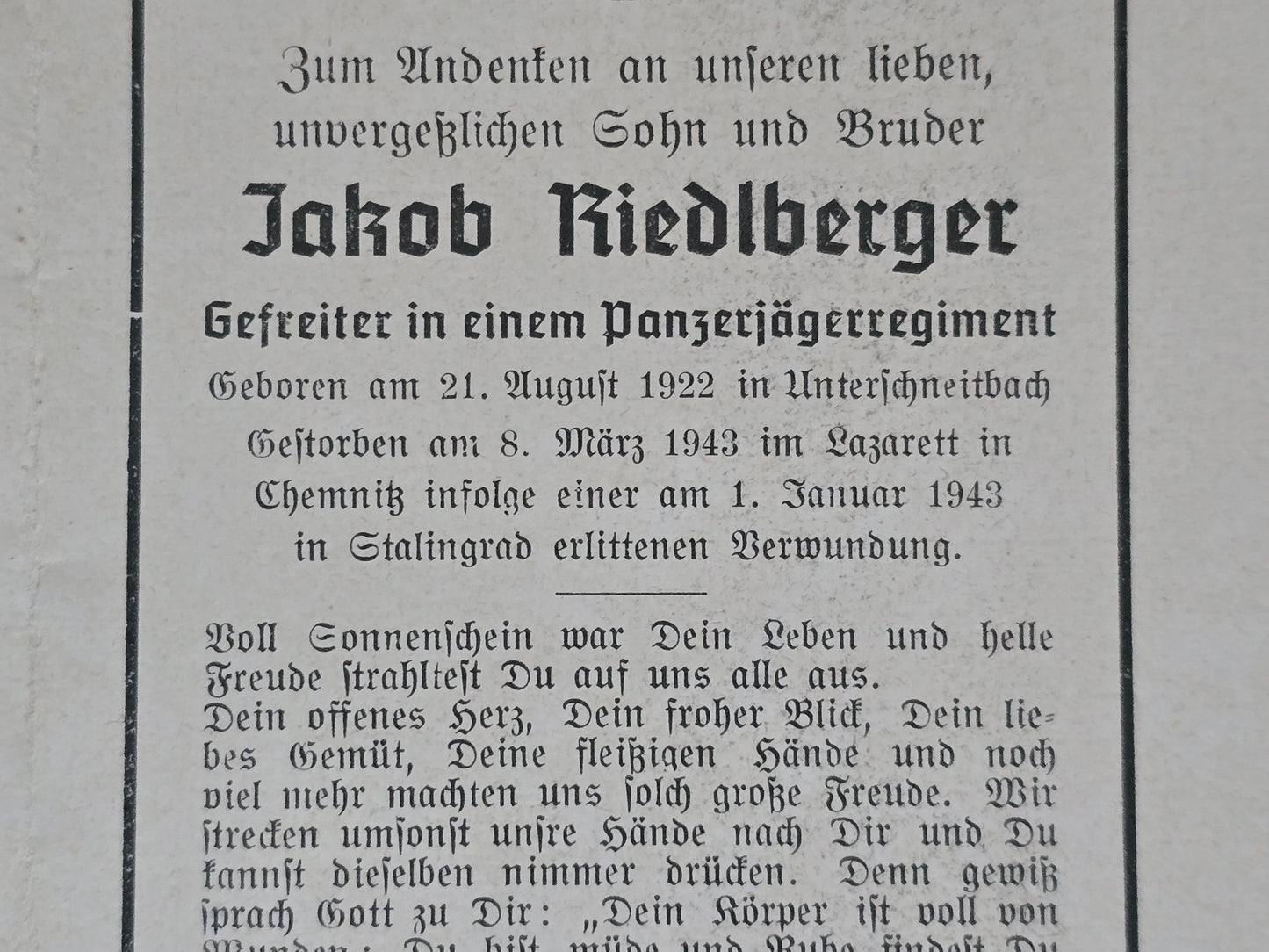 Sterbebild Gefreiter Unterschneitbach 1. Panzer-Jäger Abt. 61 Stalingrad Chemnitz II Deutschland