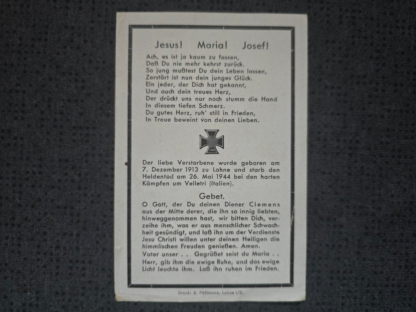 Sterbebild Unteroffizier Lohne Sturmabzeichen Silber Velletri Pomezia Italien