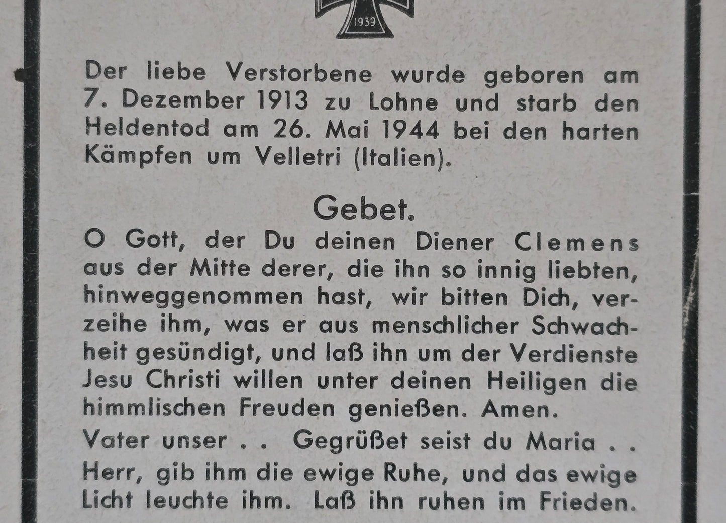 Sterbebild Unteroffizier Lohne Sturmabzeichen Silber Velletri Pomezia Italien