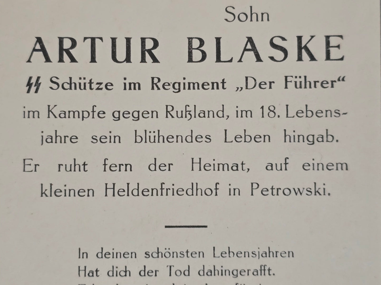 Sterbebild SS-Schütze Wien SS-Regiment "Der Führer" DF Petrowskij Ukraine