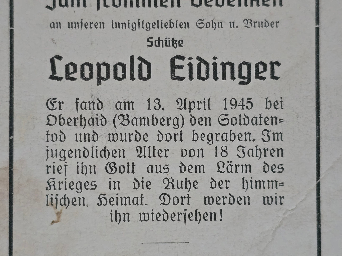 Sterbebild Schütze Steinbach Endkampf 18 Jahre Oberhaid Bamberg Bayern