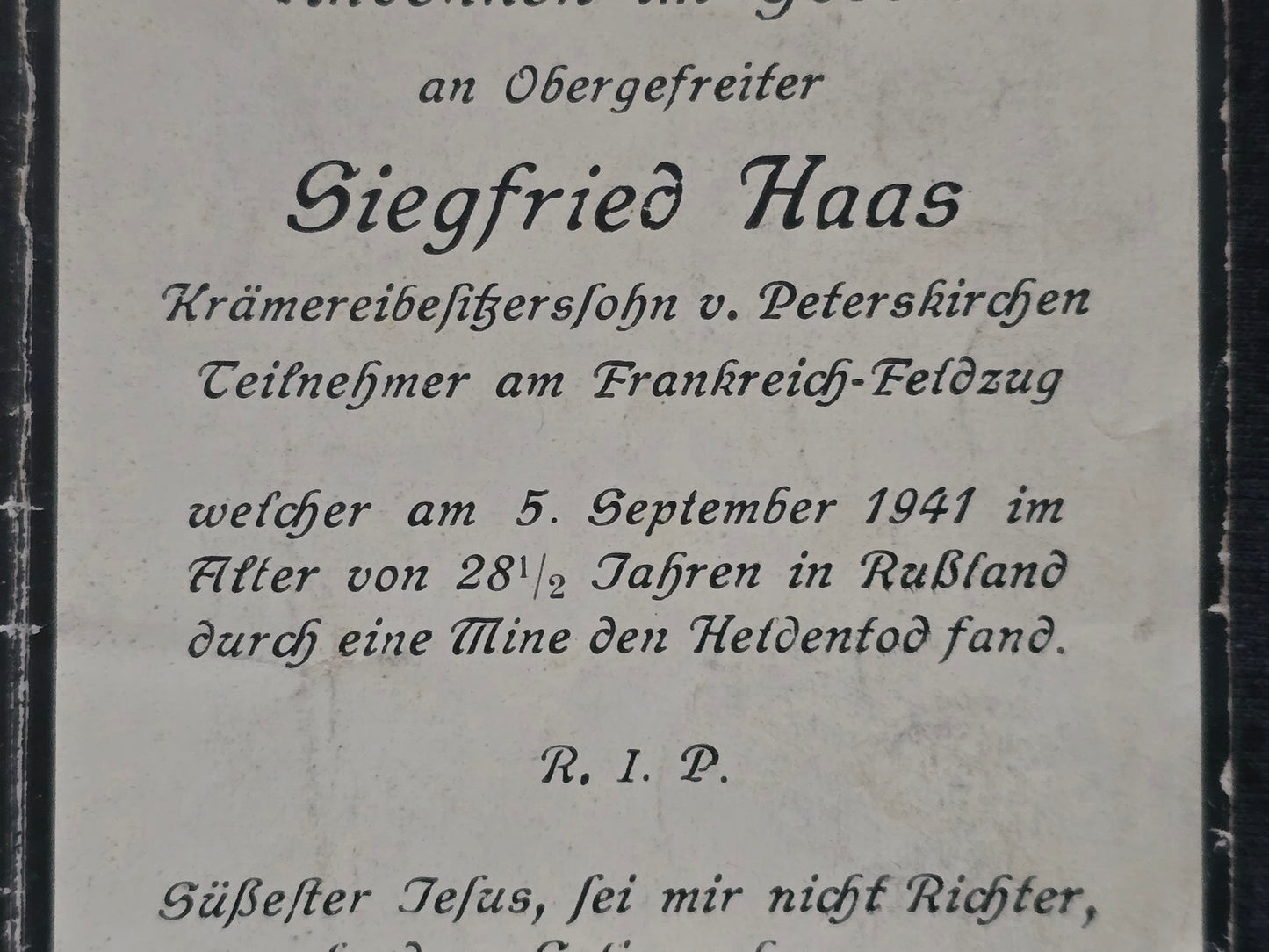 Sterbebild Obergefreiter Peterskirchen 1. Komp. Pio. Btl. 268 Tod durch Mine Jelnja Russland