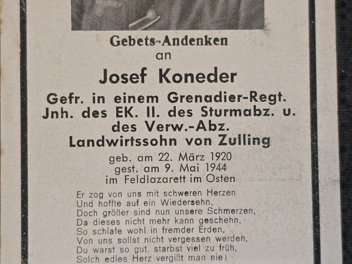 Sterbebild Gefreiter Landau Grenadier Regt. EK II Grabfoto Rückseite Rogatin Ukraine