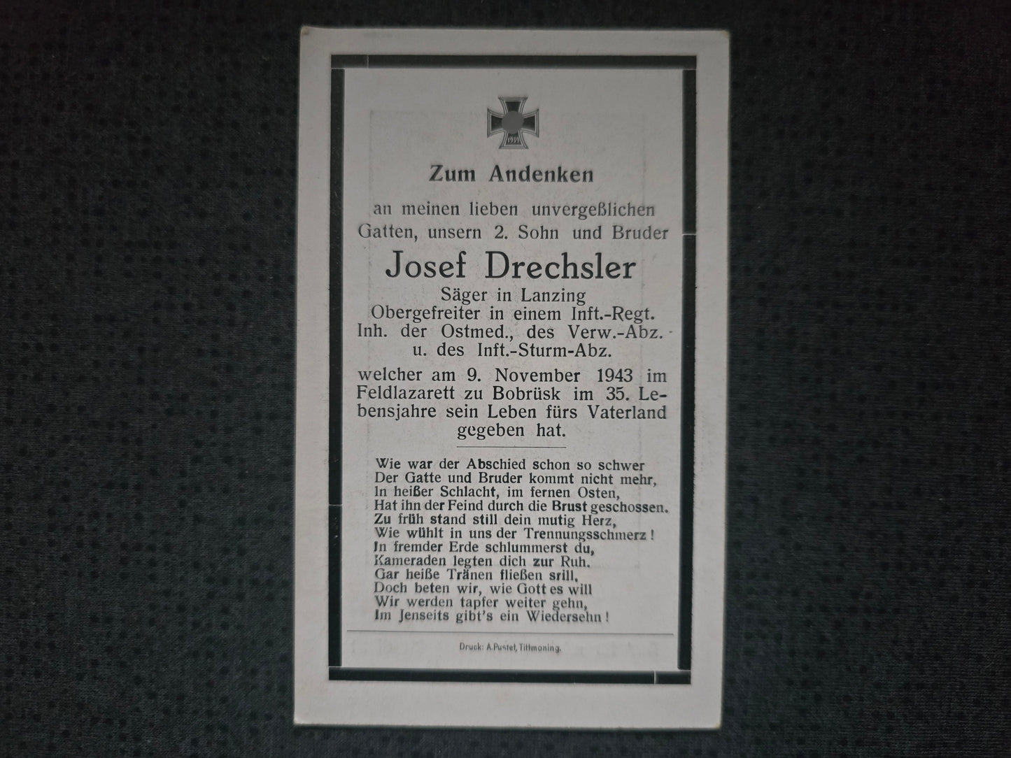 Sterbebild Obergefreiter Tittmoning Infanterie Regt. Kriegslaz. 2/615 Bobruisk Weissrussland