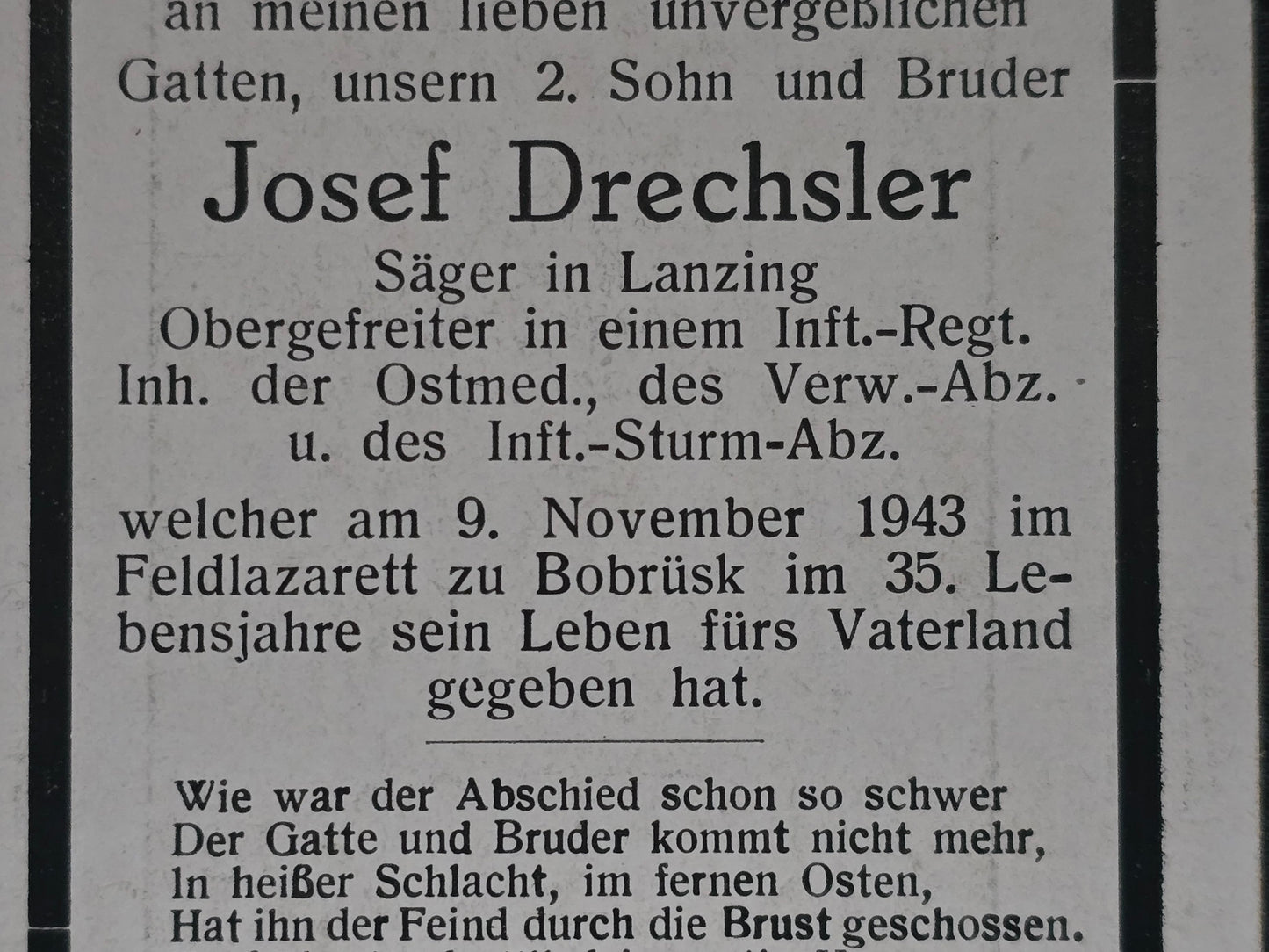 Sterbebild Obergefreiter Tittmoning Infanterie Regt. Kriegslaz. 2/615 Bobruisk Weissrussland