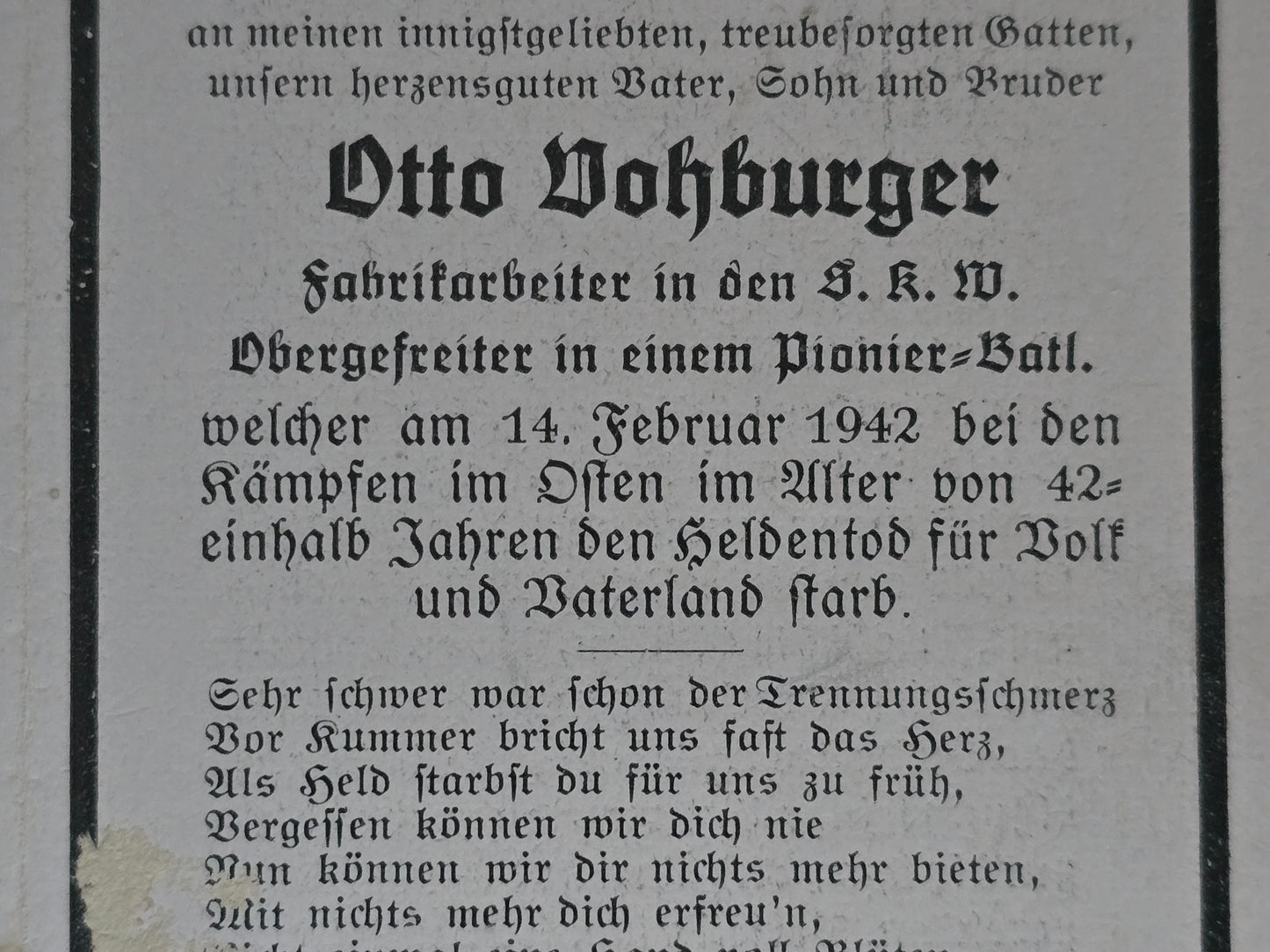 Sterbebild Obergefreiter Oberhausen 4. Komp. Brückenbau Btl. 674 Tscherentschizy Russland