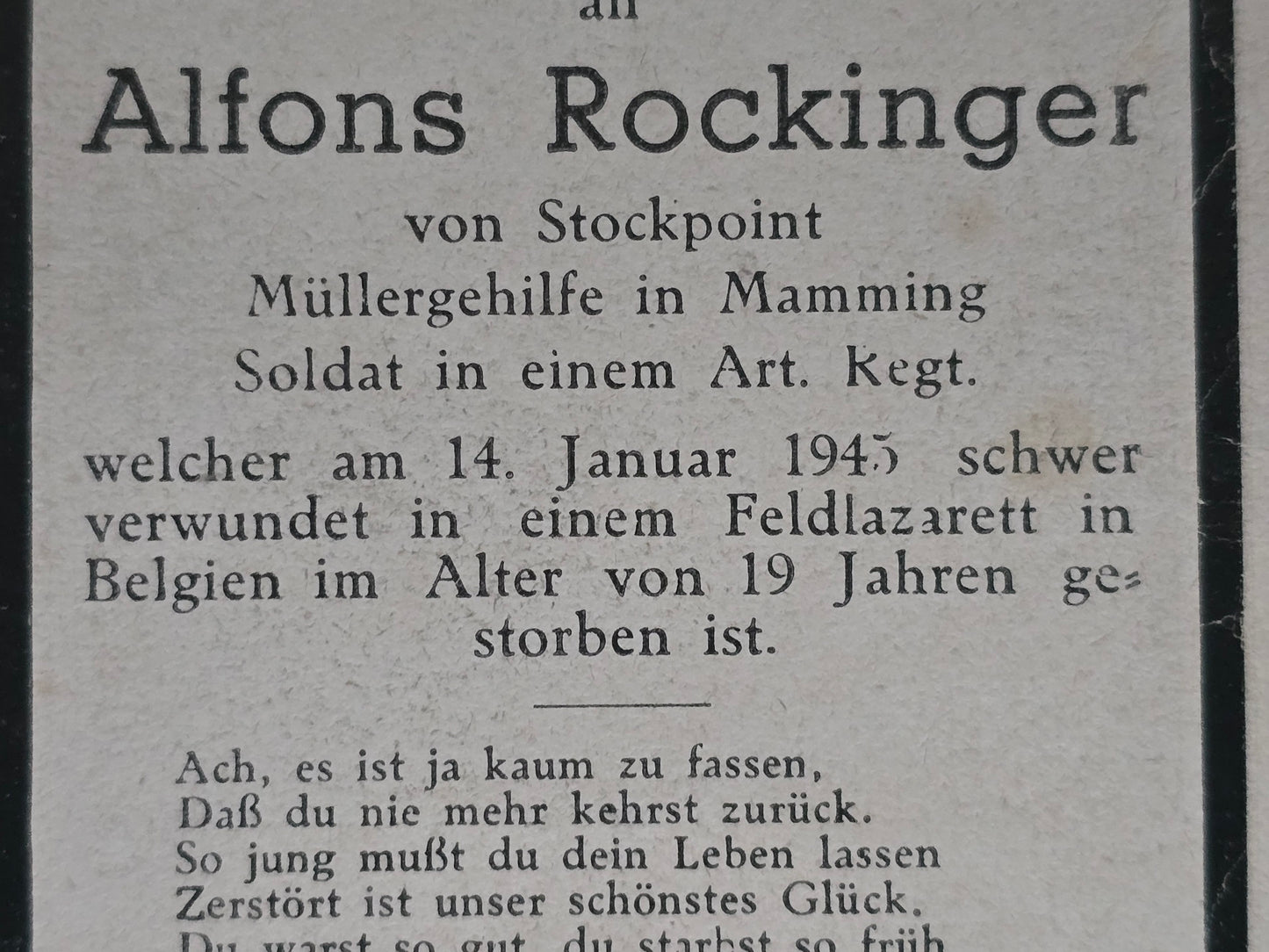 Sterbebild Schütze Mamming Artillerie Regt. Endkampf 19 Jahre Belgien