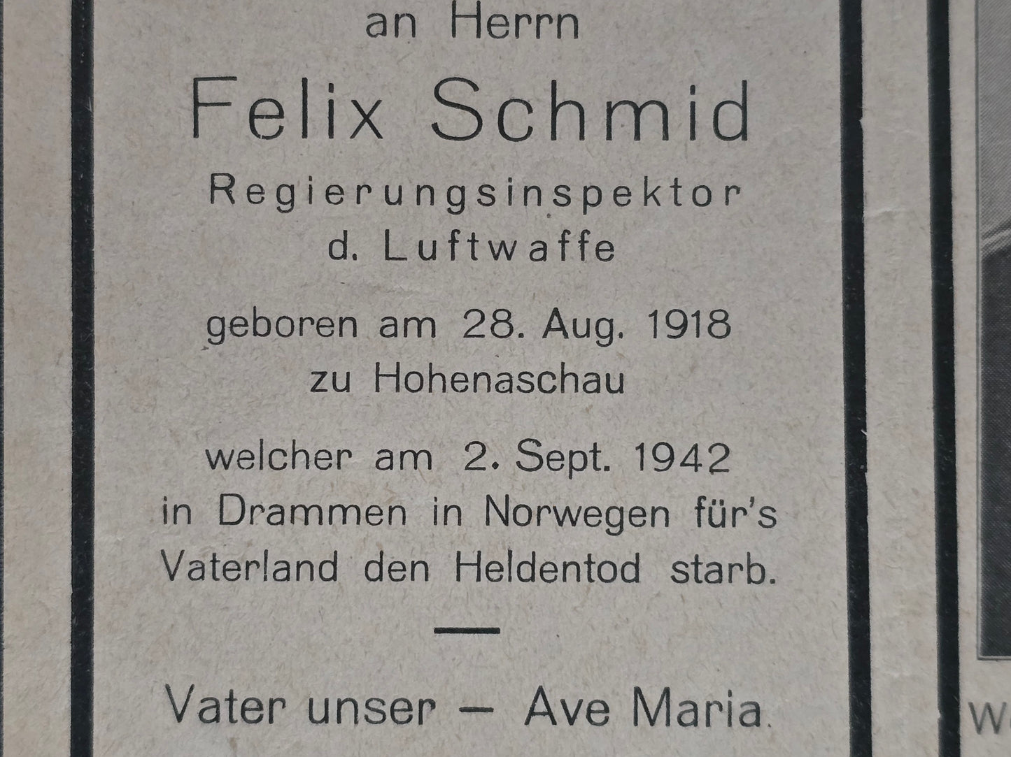 Sterbebild Regierungsinspektor LW Hohenaschau III./Luftgau Nachrichten Regt. Drammen Oslo-Alfaset Norwegen