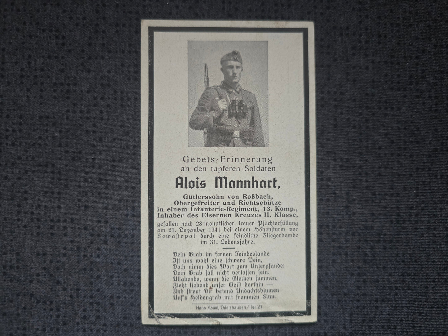 Sterbebild Obergefreiter Roßbach 13. Komp. Inf. Regt. 438 Höhensturm vor Sewastopol Fliegerbombe Ukraine