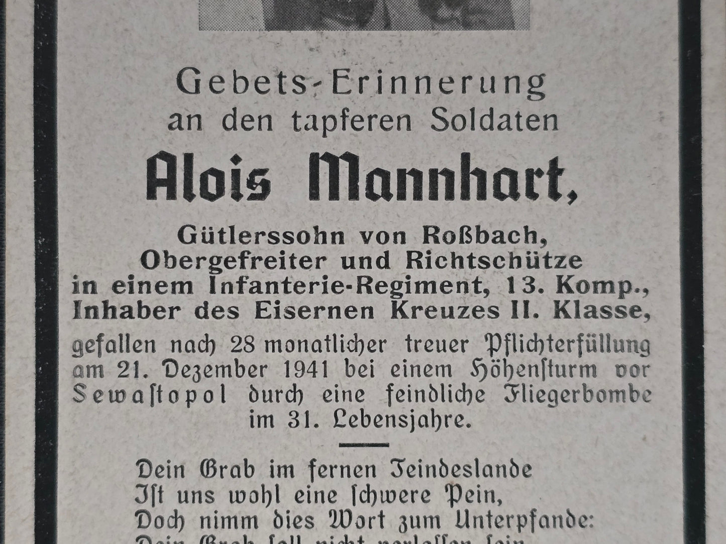 Sterbebild Obergefreiter Roßbach 13. Komp. Inf. Regt. 438 Höhensturm vor Sewastopol Fliegerbombe Ukraine