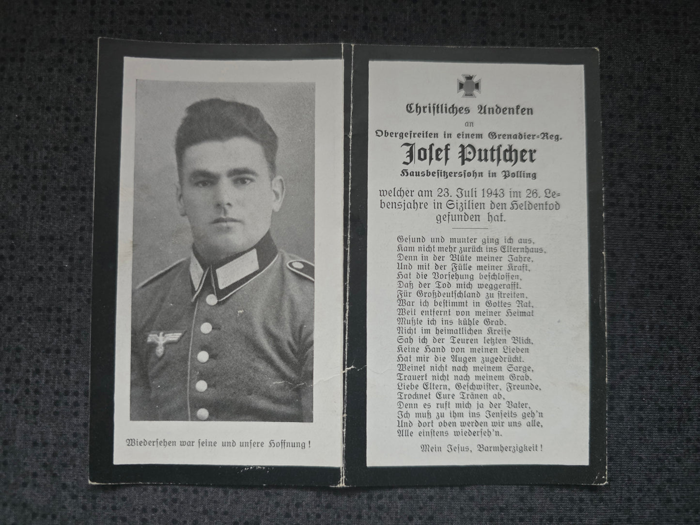 Sterbebild Obergefreiter Polling 5. Komp. Panzer Gren. Regt. 104 Nissoria Motta St. Anastasia Italien