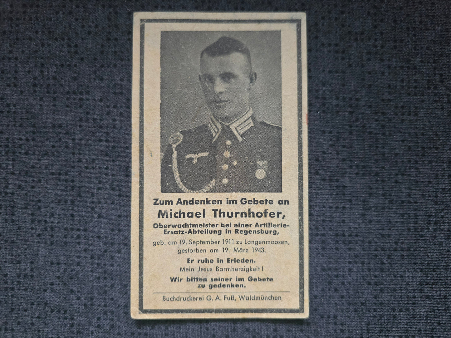 Sterbebild Oberwachtmeister Langenmoosen Artillerie-Ersatz Abt. Regensburg Lazarett Lauterhofen