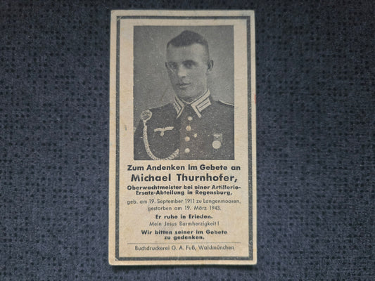 Sterbebild Oberwachtmeister Langenmoosen Artillerie-Ersatz Abt. Regensburg Lazarett Lauterhofen