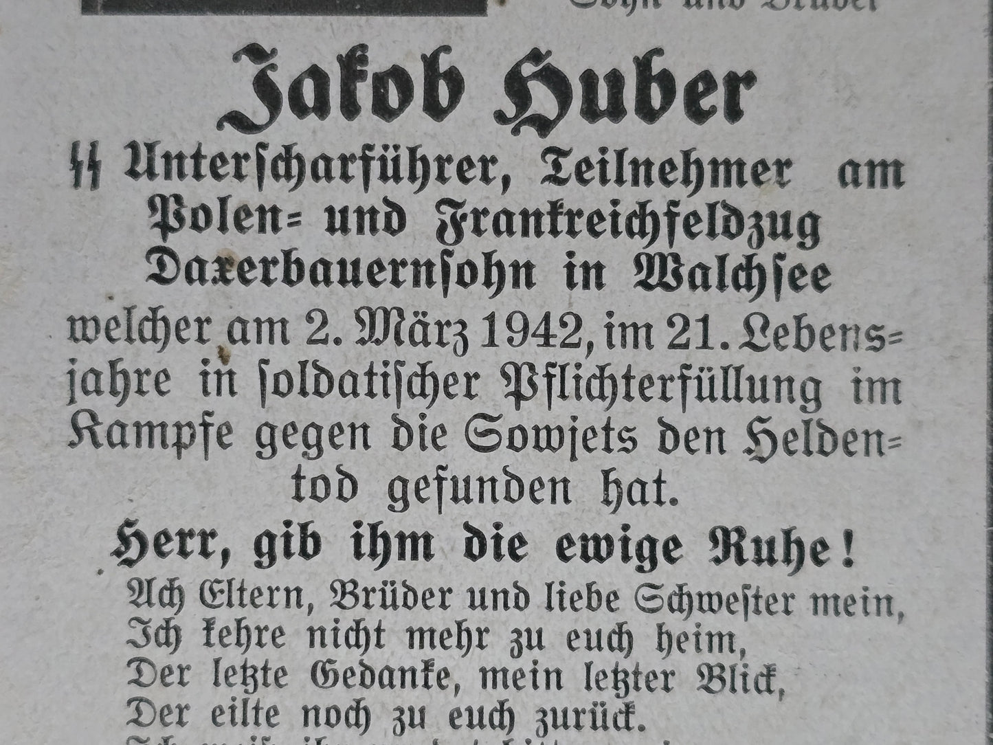 Sterbebild SS-Unterscharführer Walchsee 4. Komp. Freiwilligen Legion "Flandern" Nowgorod Russland