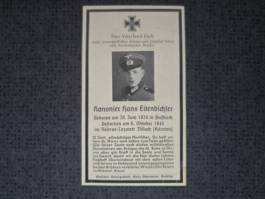 Sterbebild Kanonier Aufkirch Artillerie Regt. Villach Kärnten Österreich