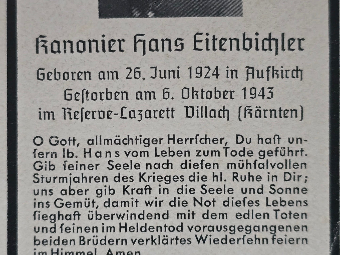 Sterbebild Kanonier Aufkirch Artillerie Regt. Villach Kärnten Österreich