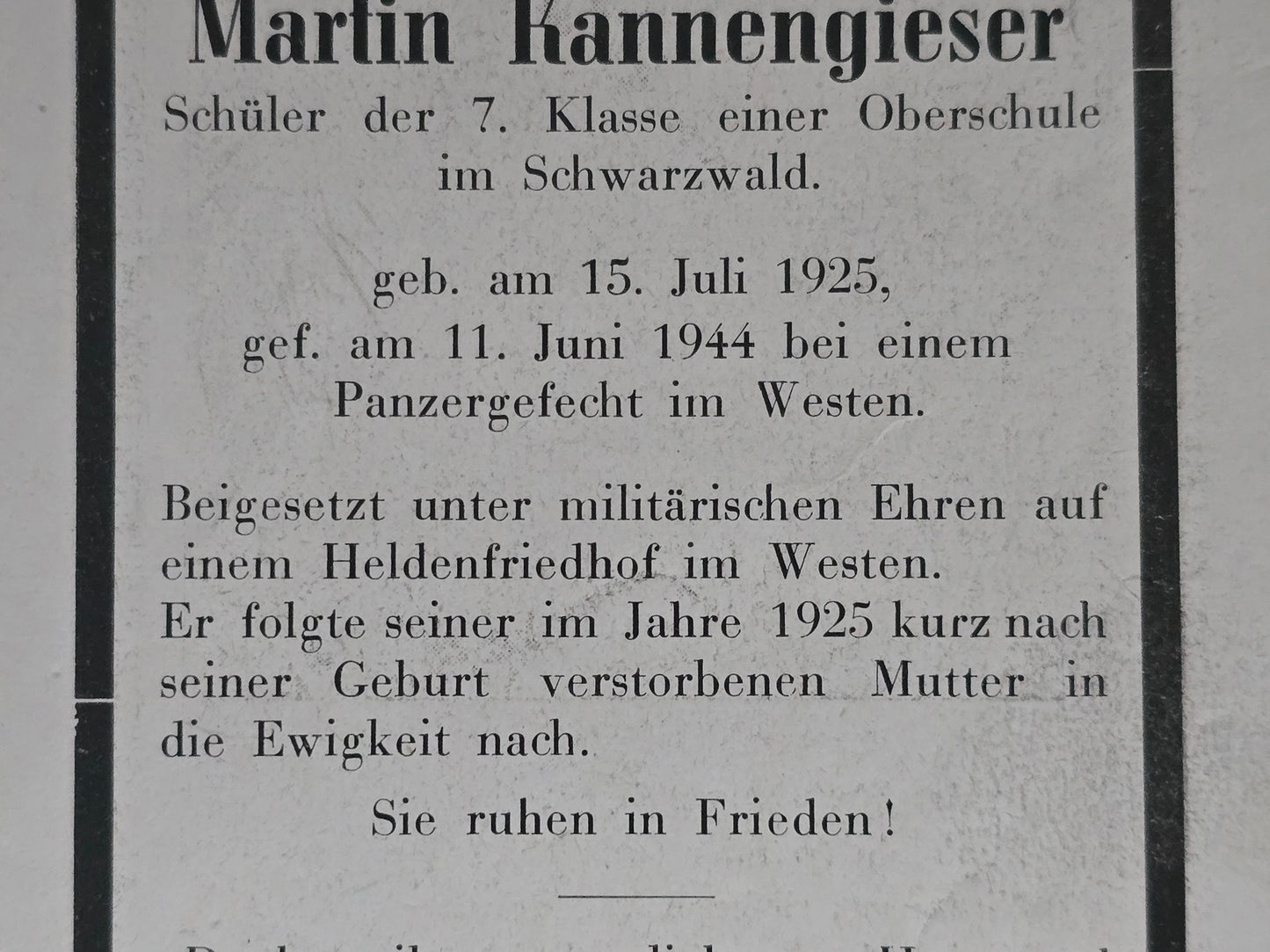 Sterbebild Gefreiter Panzerrichtschütze Panzergefecht Westen Normandie La Cambe Frankreich