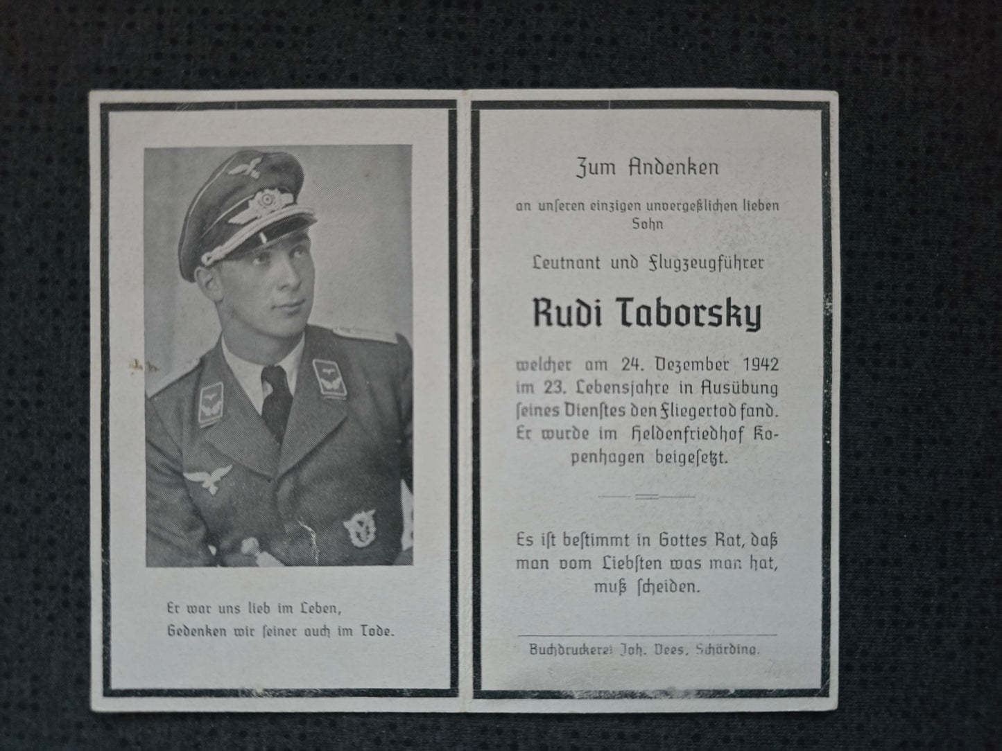 Sterbebild Leutnant Taiskirchen Flugzeugführer Schülerkompanie Blindflugschule 4 Kastrup Kopenhagen Dänemark