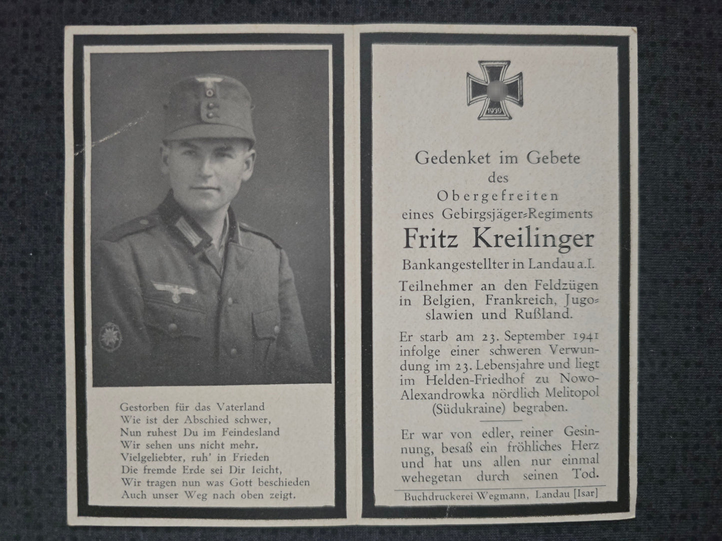 Sterbebild Obergefreiter Landau 14. Komp. Schwere Geb.-Jäger Regt. 98 Nowo-Alexandrowka Ukraine