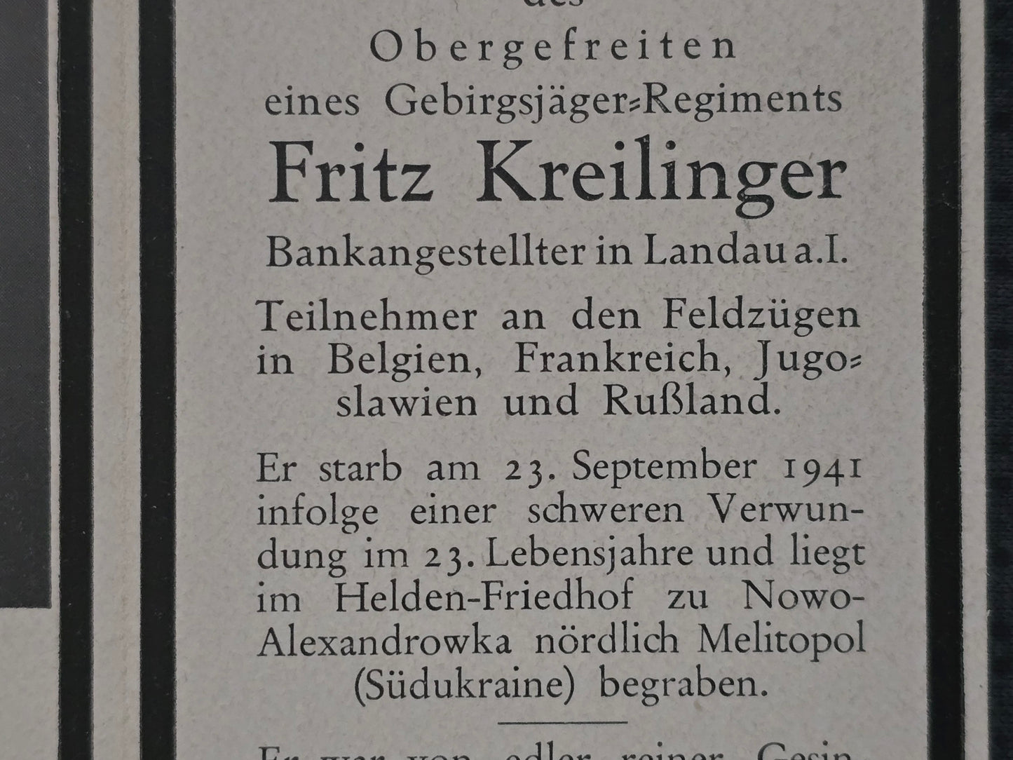 Sterbebild Obergefreiter Landau 14. Komp. Schwere Geb.-Jäger Regt. 98 Nowo-Alexandrowka Ukraine