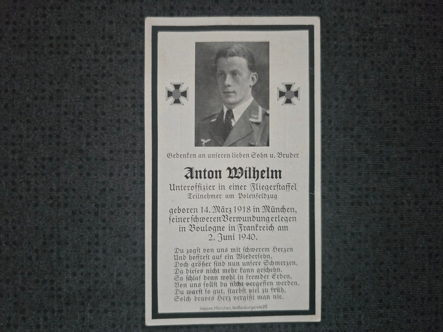 Sterbebild Unteroffizier München Fliegerstaffel Boulogne Frankreich