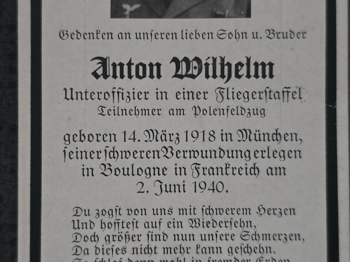 Sterbebild Unteroffizier München Fliegerstaffel Boulogne Frankreich