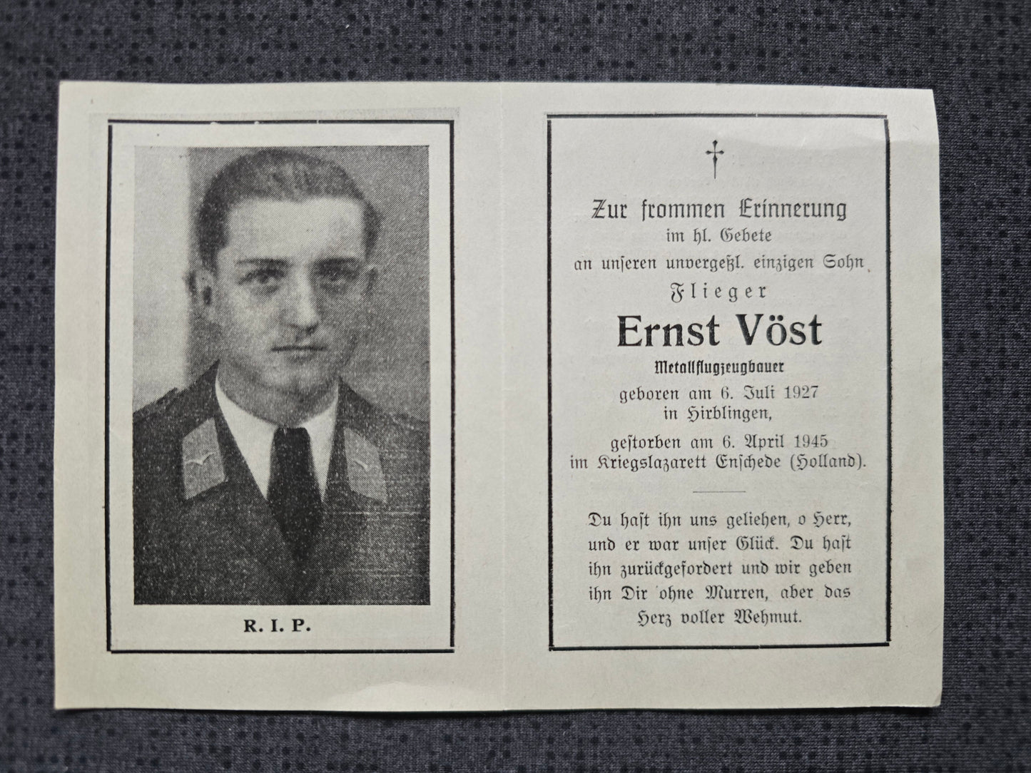 Sterbebild Flieger Hirblingen Flieger Ersatz Btl.VI Endkampf Enschede Ysselsteyn Holland