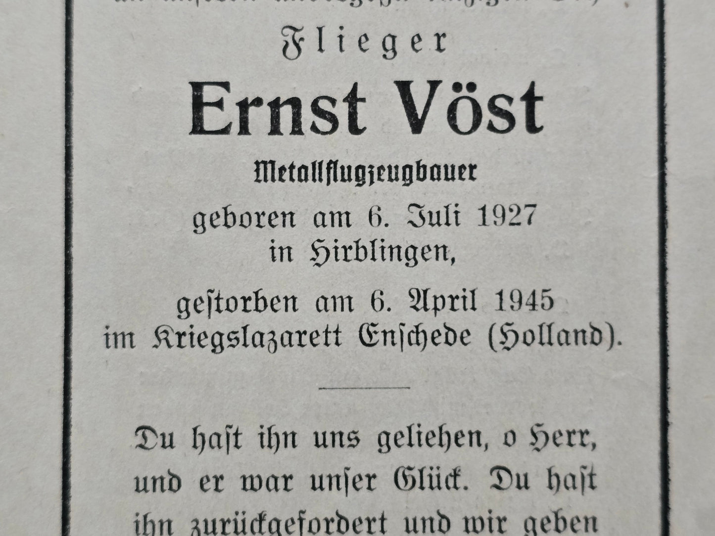 Sterbebild Flieger Hirblingen Flieger Ersatz Btl.VI Endkampf Enschede Ysselsteyn Holland